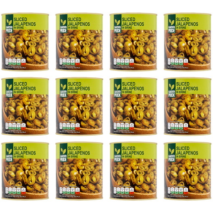 Garden Pride Sliced Jalapeños in Brine bulk wholesale case containing 12 x 820g jars of sliced green jalapeño peppers