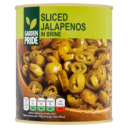 Garden Pride Sliced Jalapeños in Brine 820g catering jar of ready sliced green jalapeño peppers