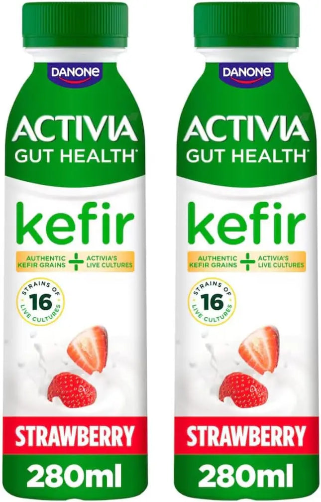 Activia Strawberry Kefir Yoghurt Drink 2 x 280ml | Cultured Kefir Drink for Gut Health Support Danone Kefir Drink
