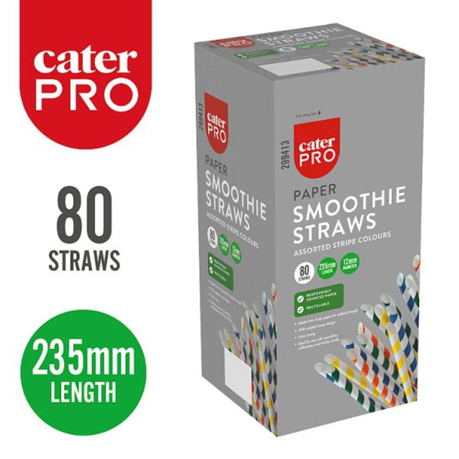 CaterPro 80 Paper Smoothie Straws assorted stripe colours 235mm x 12mm jumbo paper straws for smoothies and milkshakes