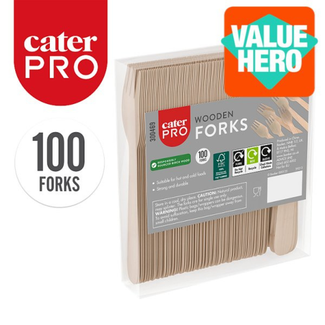 CaterPro 100 Wooden Forks disposable biodegradable wooden cutlery pack