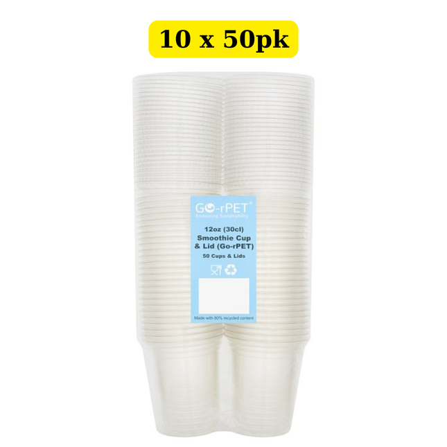 Go-rPET 500 Smoothie Cup and Lid Clear 30cl 10 x 50pk wholesale bulk case for cafés, juice bars and takeaway drinks