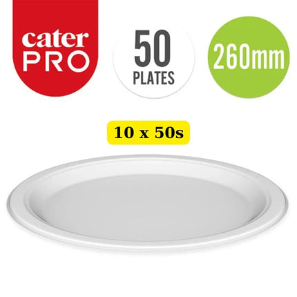 CaterPro Bagasse Plates 260mm 10 x 50 pack wholesale bulk case eco-friendly compostable plates for catering and takeaway use
