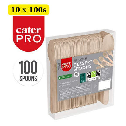 CaterPro Wooden Dessert Spoons 10 x 100 pack wholesale bulk case eco-friendly disposable cutlery for desserts and catering