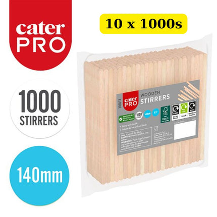 CaterPro 10 x 1000 Wooden Stirrers 140mm bulk case eco-friendly coffee stir sticks