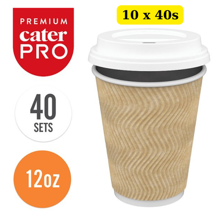 CaterPro Premium 10 x 40 PE Lined Paper Triple Wall Cups with PP Lids 340ml bulk insulated takeaway coffee cups