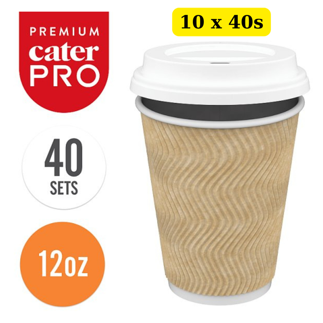 CaterPro Premium 10 x 40 PE Lined Paper Triple Wall Cups with PP Lids 340ml bulk insulated takeaway coffee cups