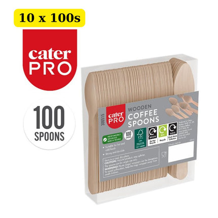CaterPro Wooden Coffee Spoons 10 x 100 pack wholesale bulk case eco-friendly stirrers for coffee tea and hot drinks
