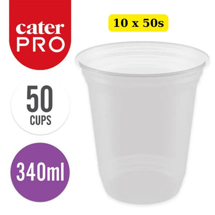 CaterPro Plastic rPET Clear Cups 340ml 10 x 50 pack wholesale bulk case transparent cold drink cups for cafés and takeaway businesses