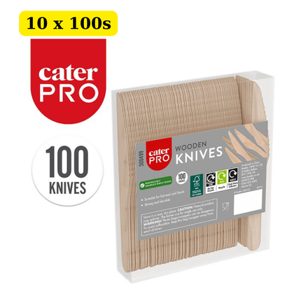 CaterPro 10 x 100 Wooden Knives bulk case of disposable biodegradable wooden cutlery