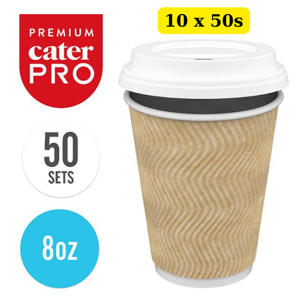 CaterPro Premium 10 x 50 PE Lined Paper Triple Wall Cups with PP Lids 227ml bulk insulated takeaway coffee cups case