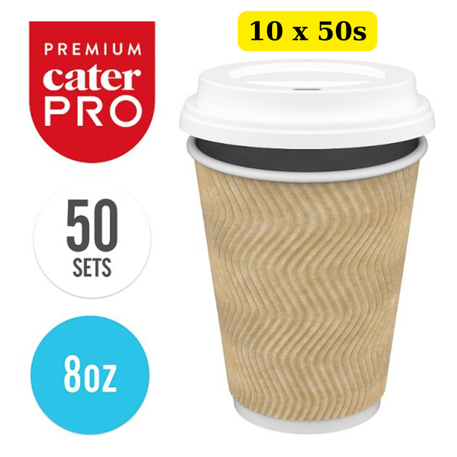 CaterPro Premium 10 x 50 PE Lined Paper Triple Wall Cups with PP Lids 227ml bulk insulated takeaway coffee cups case