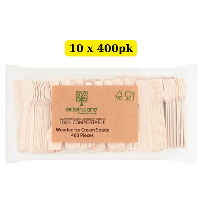 Edenware Wooden Ice Cream Spade 10 x 400 pack wholesale bulk case eco-friendly disposable dessert utensils for ice cream and gelato