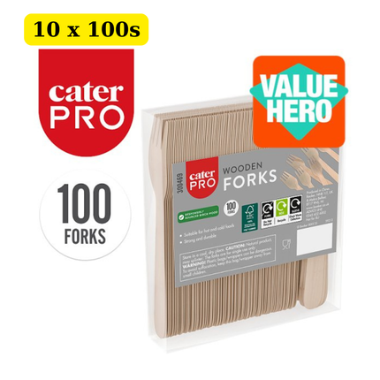CaterPro 10 x 100 Wooden Forks bulk case of disposable biodegradable wooden cutlery