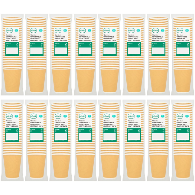 Infiniti Compostable 16 x 30 Double Wall Kraft Hot Cups 12oz bulk eco-friendly insulated coffee cups case