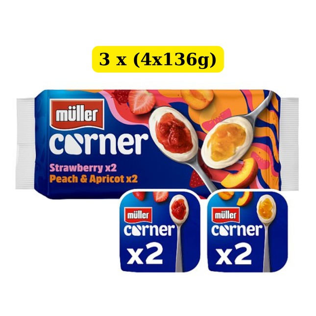 Müller Corner Strawberry and Peach Apricot Yogurts 3 x (4 x 136g) wholesale multipack chilled yogurt pots for hospitality and catering