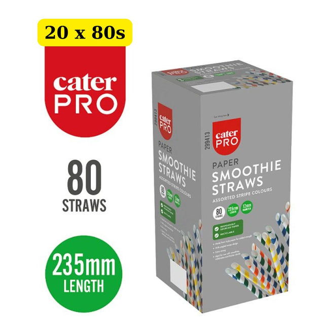CaterPro Paper Smoothie Straws Assorted Stripe Colours 20 x 80 pack wholesale bulk case jumbo paper straws for smoothies and milkshakes