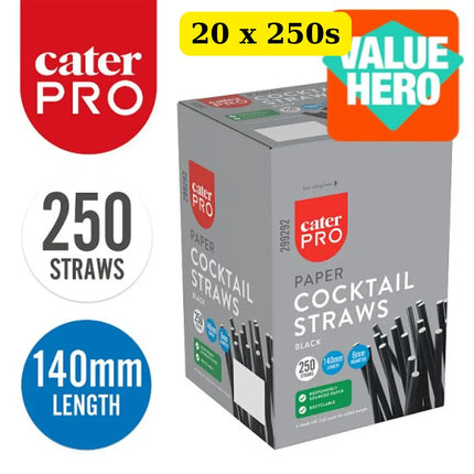 CaterPro 20 x 250 Black Paper Cocktail Straws bulk case eco-friendly disposable bar and cocktail straws