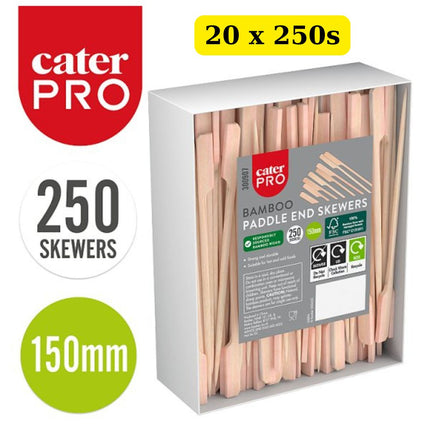 CaterPro 20 x 250 Bamboo Paddle End Skewers 150mm bulk case eco-friendly cocktail and canapé picks