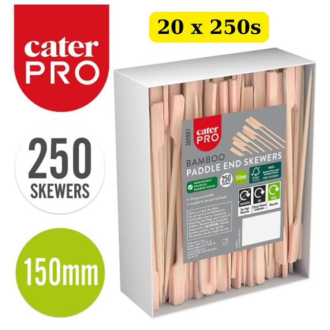 CaterPro 20 x 250 Bamboo Paddle End Skewers 150mm bulk case eco-friendly cocktail and canapé picks