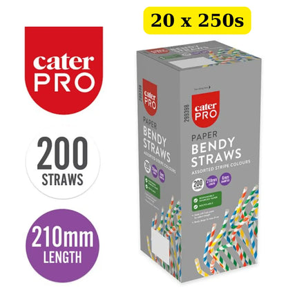 CaterPro 20 x 200 Paper Bendy Straws Assorted Stripe Colours 6mm x 210mm bulk case flexible eco-friendly drinking straws