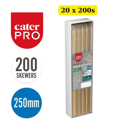 CaterPro Bamboo Kebab Skewers 250mm 20 x 200 pack wholesale bulk case natural bamboo skewers for BBQ catering and food presentation
