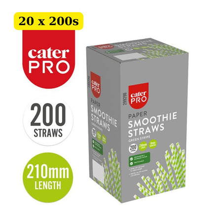 CaterPro Paper Smoothie Straws Green Stripe 20 x 200 pack wholesale bulk case jumbo paper straws for cafés and juice bars