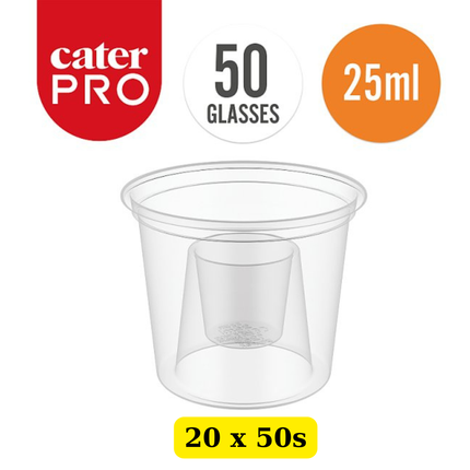 CaterPro 20 x 50 Plastic rPET Bomb Shot Glasses 25ml bulk recyclable disposable clear shot cups case