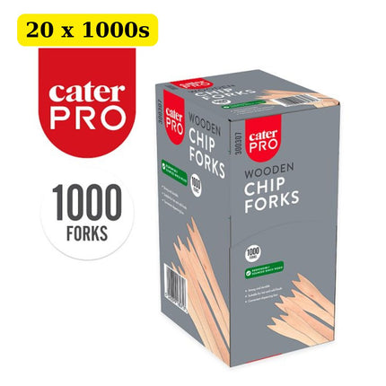 CaterPro Wooden Chip Forks 20 x 1000 pack wholesale bulk case eco-friendly disposable cutlery for catering and takeaway food service