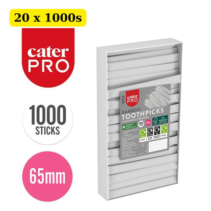 CaterPro Bamboo Toothpicks Individually Wrapped 65mm 20 x 1000 pack wholesale bulk case for catering and hospitality use