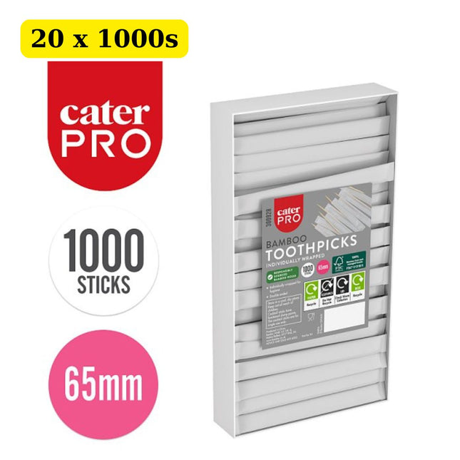 CaterPro Bamboo Toothpicks Individually Wrapped 65mm 20 x 1000 pack wholesale bulk case for catering and hospitality use