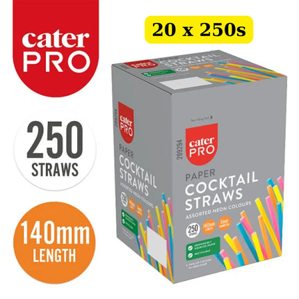 CaterPro 20 x 250 Paper Cocktail Straws Assorted Neon Colours bulk case eco-friendly disposable drink straws
