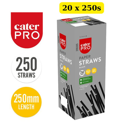 CaterPro 20 x 250 Black Paper Straws 250mm bulk case extra long eco-friendly disposable drinking straws