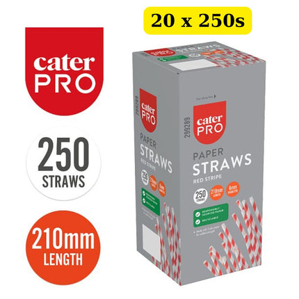 CaterPro 20 x 250 Paper Straws Red Stripe 210mm x 6mm wholesale bulk case eco-friendly disposable drinking straws