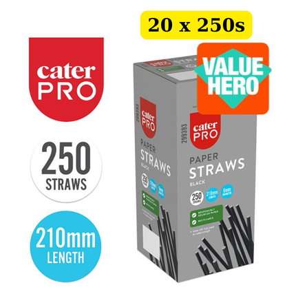 CaterPro 20 x 250 Black Paper Straws 210mm bulk case eco-friendly disposable drinking straws