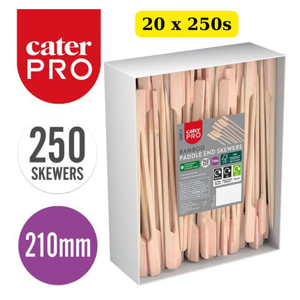 CaterPro 20 x 250 Bamboo Paddle End Skewers 210mm bulk case extra long eco-friendly food picks