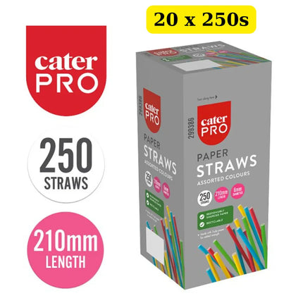 CaterPro 20 x 250 Paper Straws Assorted Colours 210mm bulk case eco-friendly colourful disposable drinking straws