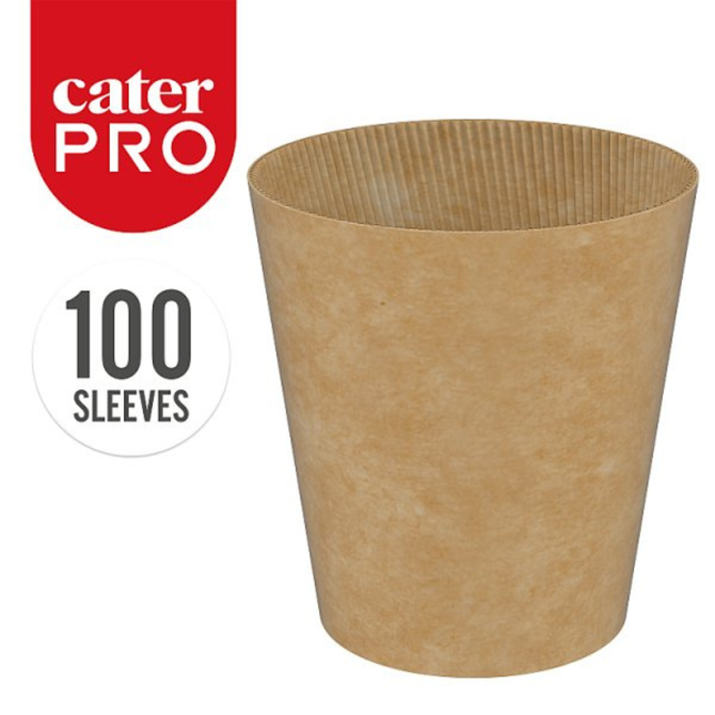 CaterPro 100 Kraft Cup Sleeves for 12oz and 16oz takeaway coffee cups with insulated kraft paper design
