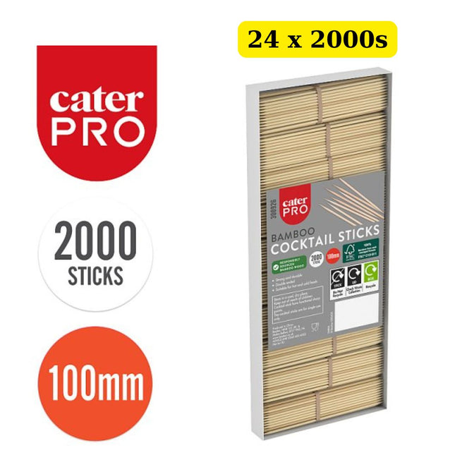 CaterPro Bamboo Cocktail Sticks 24 x 2000 pack wholesale bulk case for cocktails canapés buffets and catering service