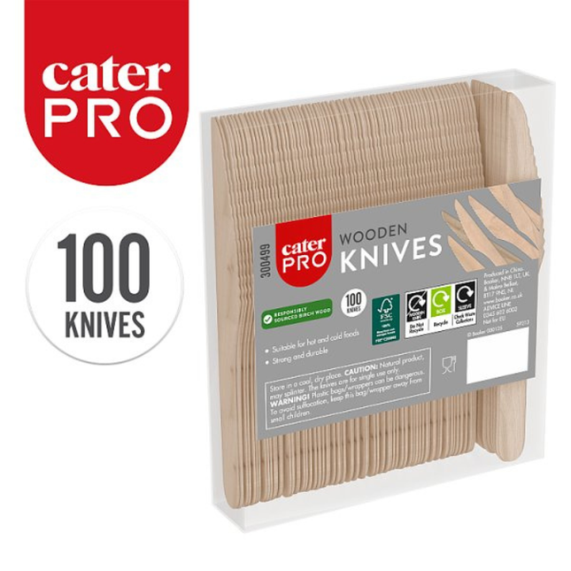CaterPro 100 Wooden Knives disposable biodegradable wooden cutlery pack