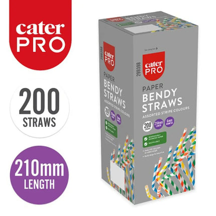 CaterPro 200 Paper Bendy Straws Assorted Stripe Colours 6mm x 210mm eco-friendly flexible disposable drinking straws