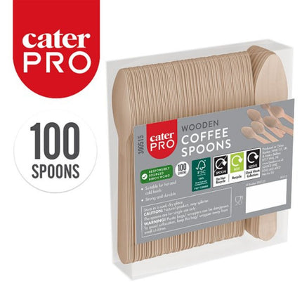 CaterPro 100 Wooden Coffee Spoons eco-friendly stirrers for coffee tea and hot drinks in cafés and hospitality