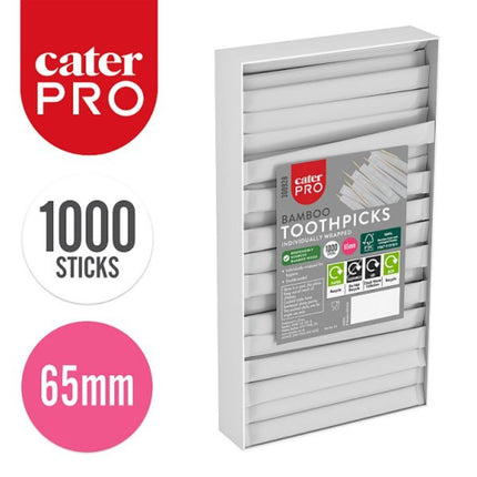 CaterPro 1000 Bamboo Toothpicks individually wrapped 65mm for catering, cafés and hospitality food service