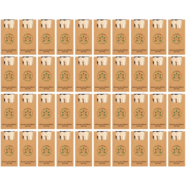 Ecopac 40 x 100 Wooden Disc Stirrers bulk eco-friendly disposable beverage stirrers case