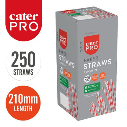 CaterPro Paper Straws Red Stripe 210mm x 6mm 250 pack eco-friendly disposable drinking straws for cafés and catering