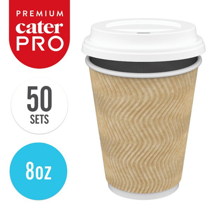 CaterPro Premium 50 PE Lined Paper Triple Wall Cups with PP Lids 227ml insulated takeaway coffee cups