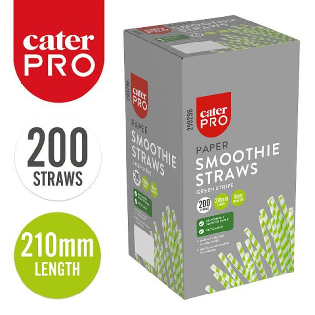 CaterPro 200 Paper Smoothie Straws Green Stripe jumbo paper straws for smoothies, milkshakes and cold drinks