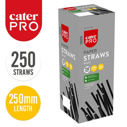 CaterPro 250 Black Paper Straws 250mm | Extra Long Eco-Friendly Disposable Straws