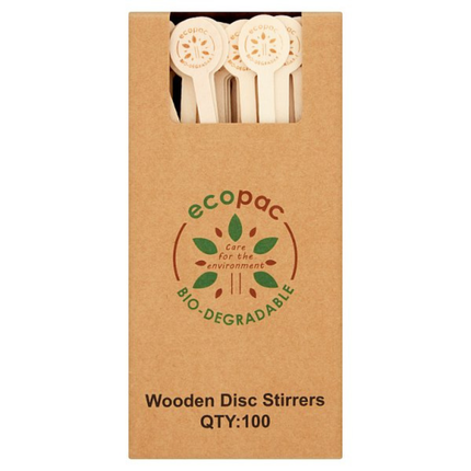Ecopac 100 Wooden Disc Stirrers eco-friendly disposable beverage stirrers