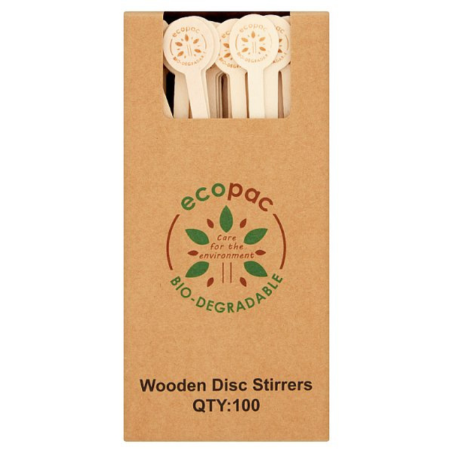 Ecopac 100 Wooden Disc Stirrers eco-friendly disposable beverage stirrers